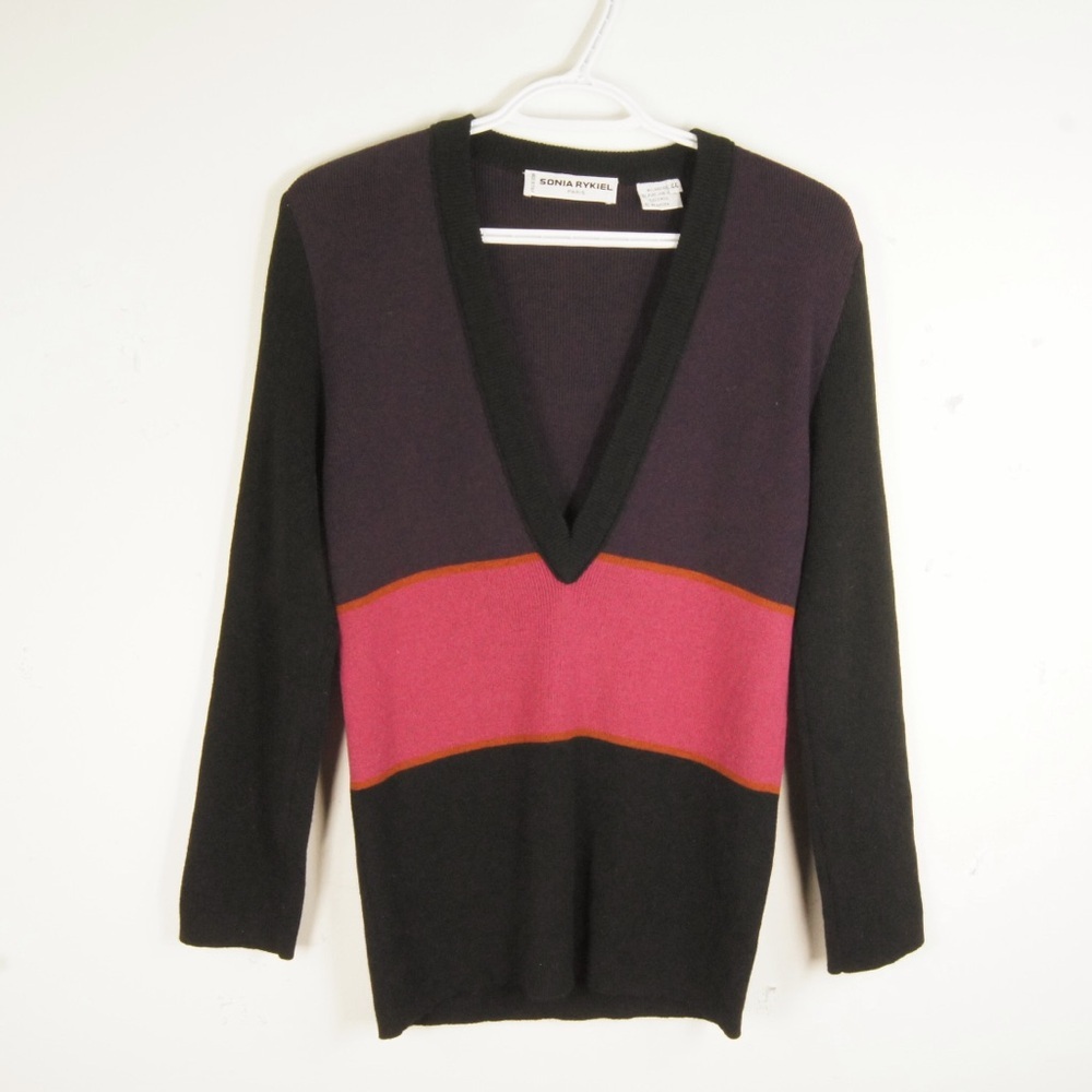 Vintage Sonia Rykiel Paris Purple Pink Black Stripe Deep V Neck Wool Sweater